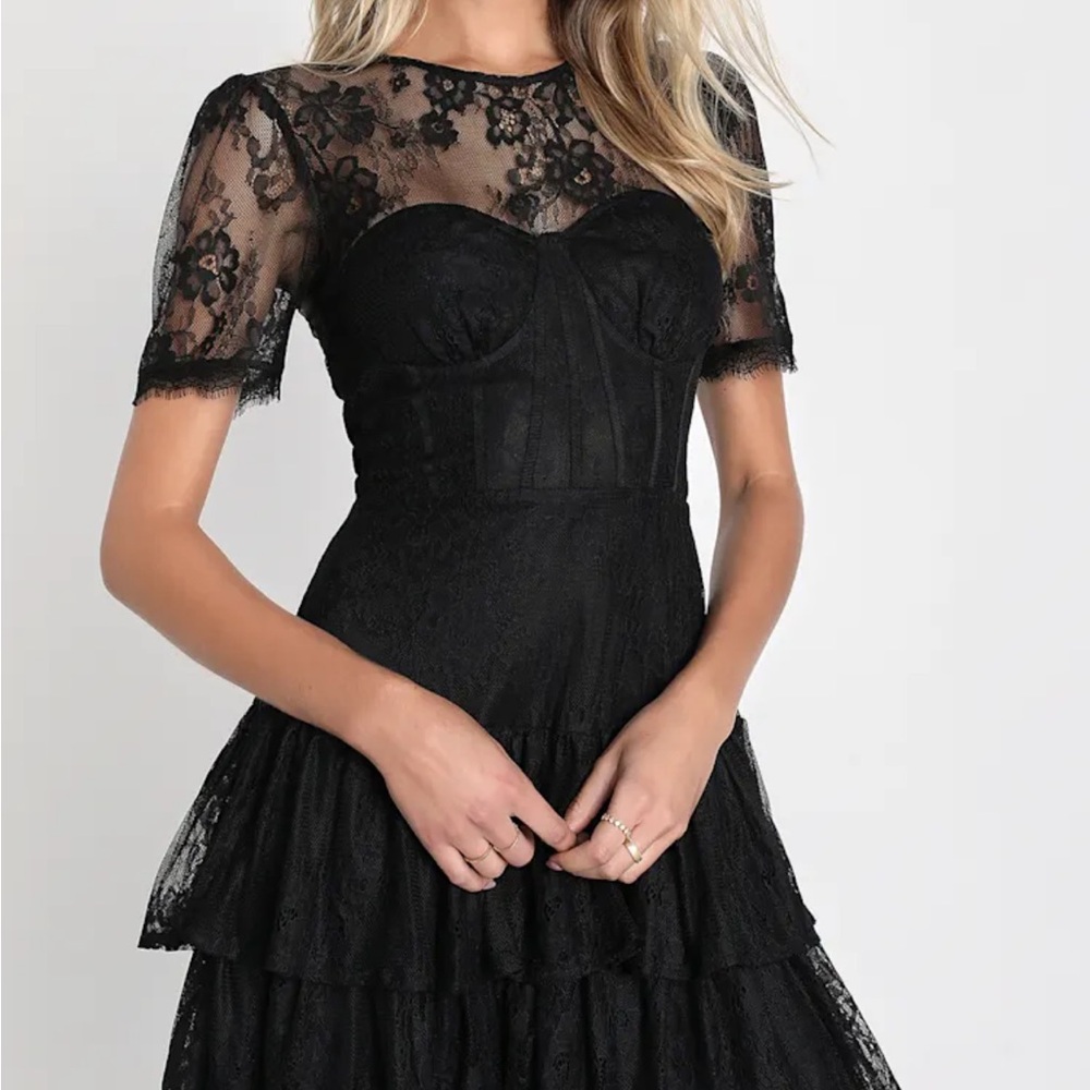 Lulus Sultry Essence black lace tiered bustier midi dress NWT XL - Picture 2 of 10